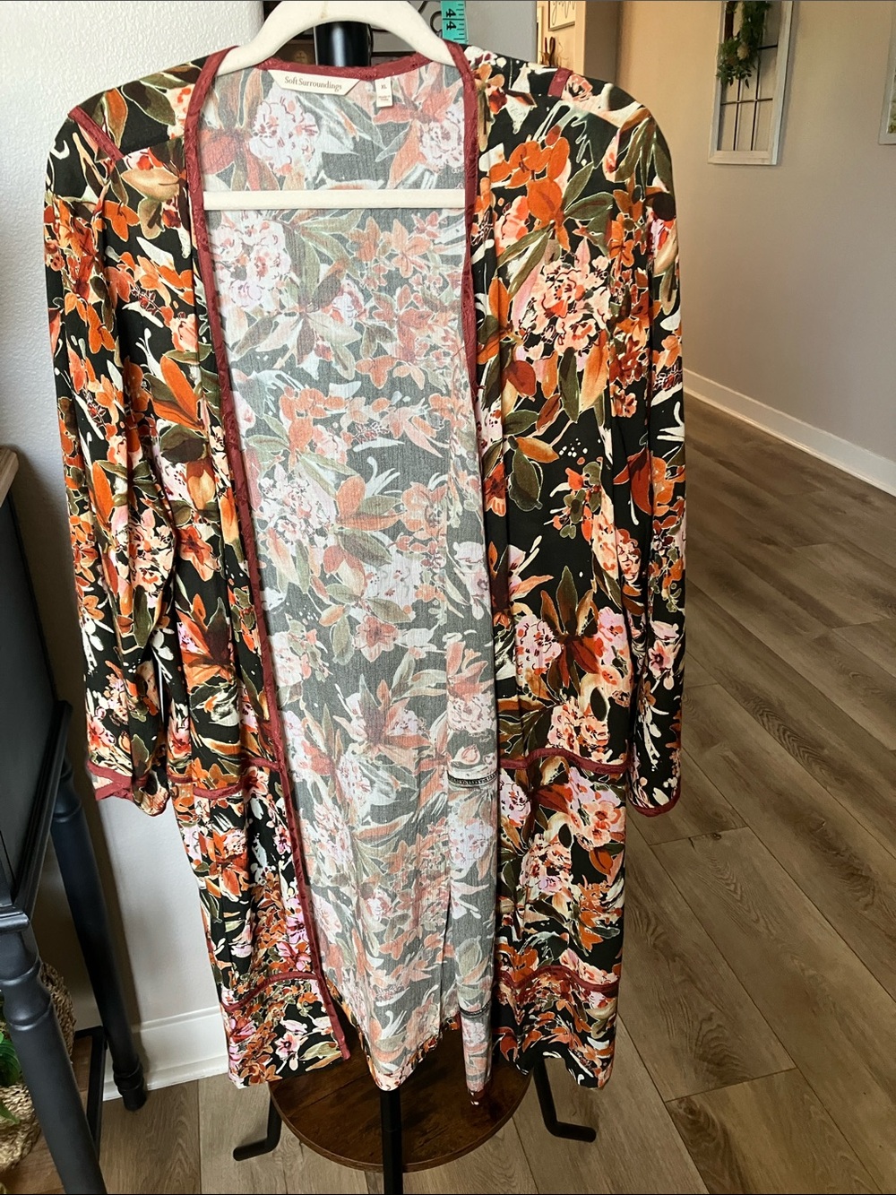 Soft Surroundings Floral Draped Kimono in Rust, Olive & Cream